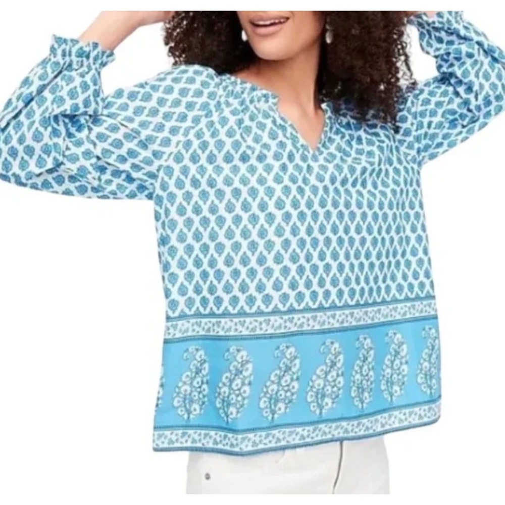 J.Crew Women's Block Print Artist Peasant Blouse Malibu Blue White Large Petite
